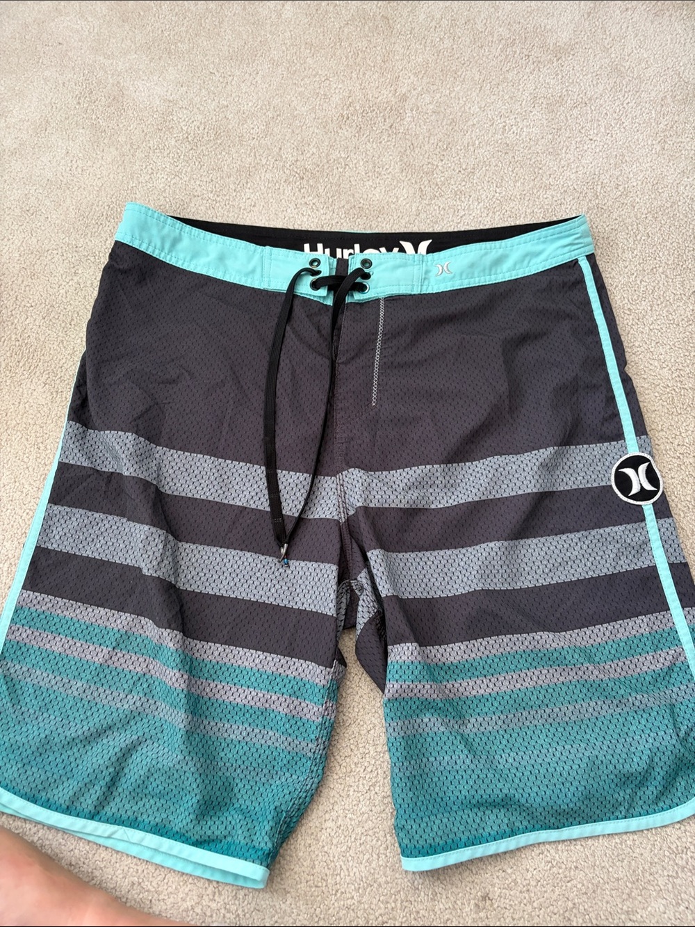 Hurley Black & Aqua Striped Men’s Board Shorts